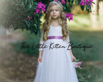 Tulle flower girl dress, lace flower girl dresses, first communion dress, flower girl dress, ivory flower girl dress, white Baptism Dress,