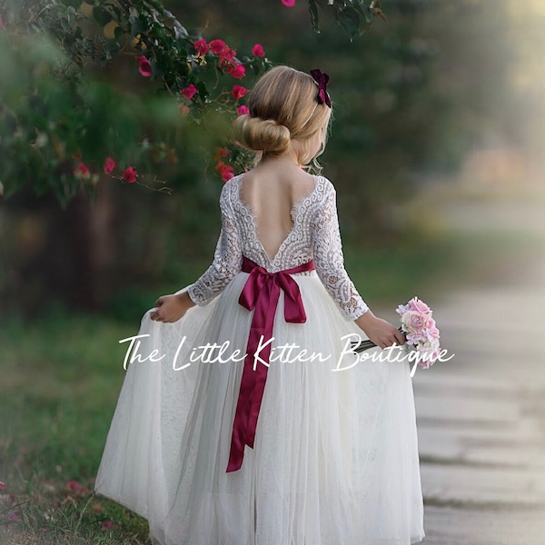 tulle flower girl dress, rustic lace flower girl dresses, long sleeve flower girl dress, boho flower girl dress, ivory flower girl dress