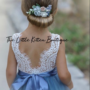 White Boho Flower Girl Dress, Ivory flower girl dresses, lace flower girl dress, Rustic flower girl dress, tulle flower girl dress, Blue