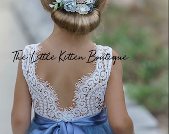 Vestido bohemio blanco para niña de las flores, vestidos color marfil para niña de las flores, vestido de encaje para niña de las flores, vestido rústico para niña de las flores, vestido de tul para niña de las flores, azul
