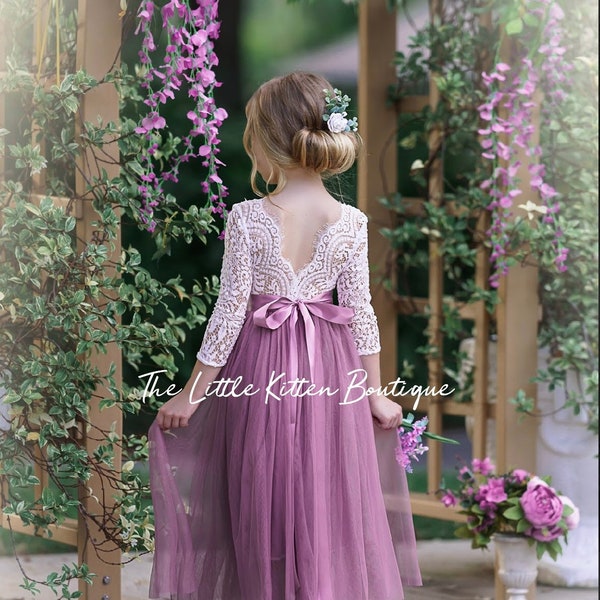 Flower girl dress, rustic flower girl dress, lace flower girl dress, boho flower girl dress, tulle flower girl dress, bohemian wedding dress