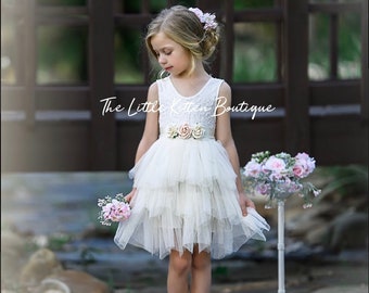 Blush pink tulle flower girl dress, White lace flower girl dress, Rustic flower girl dress, Ivory Boho flower girl dress, Toddler dress tutu