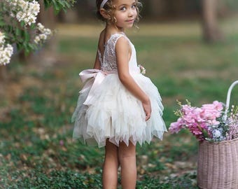 Blush pink tulle flower girl dress, White lace flower girl dress, Rustic flower girl dress, Ivory Boho flower girl dress, Toddler dress tutu