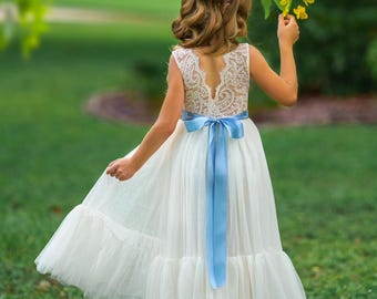 Sleeveless Ivory Lace Flower Girl Dress, Boho Style Tulle Dress, Wedding Flower Girl Dress, Toddler Girl Dress