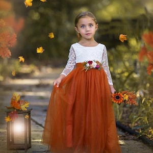 Bränd Orange Blomsterflickaklänning Långärmad Tyll Höstbröllop Småbarn Boho
