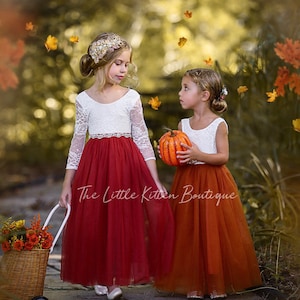 Charming Burnt Orange & Rust Flower Girl Dress - Lace Top, Red Tulle, Eyelash Trim | Boho Rustic Toddler Birthday Princess Party Dress