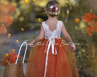 Burnt Orange Flower Girl Dress, Rust Flower Girl Dress, lace flower girl dress, Rustic flower girl dress, Boho Flower Girl Dress, Fall Dress