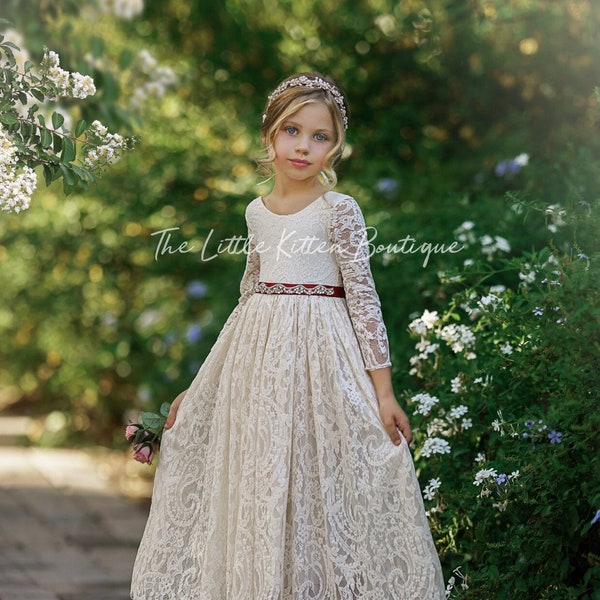 Long Sleeve flower girl dress, White lace flower girl dress, rustic flower girl dress, boho flower girl dress, Ivory Lace flower girl dress