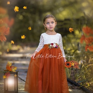 Burnt Orange tulle flower girl dress, Floral Flower Girl Dress, rustic lace flower girl dress, boho flower girl dress rust flower girl dress