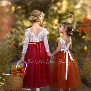 Burnt Orange Flower Girl Dress Long Sleeve, Boho Tulle Lace Dress, Bohemian Wedding, Rustic Flower Girl, Vintage Style
