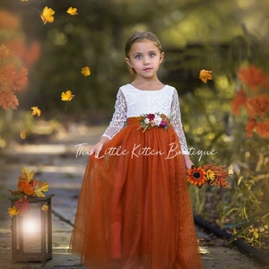 Burnt Orange tulle flower girl dress, Rust Flower Girl Dress, rustic lace flower girl dress, boho flower girl dress, flower girl dress, Rust 画像 2