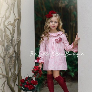 Pink Girls Birthday Dress - Victorian Toile Print Holiday Dress - Pink, White, and Red - Elegant Peter Pan Collar - Pink Toile Dress