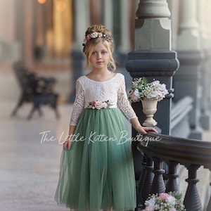 Long Sleeve, Lace and Tulle Sage Green  Flower Girl Dress for Boho Fall Weddings. Perfect Princess Dress for Toddlers and Girls. Elegant and stylish for special occasions. Great for girls holiday dress or family photo shoots as well.