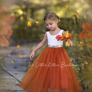 Sleeveless, Lace and Tulle Floral Burnt Orange Flower Girl Dress for Boho Fall Weddings. Perfect Princess Dress for Toddlers and Girls. Elegant and stylish for special occasions. Great for girls holiday dress or family photo shoots as well.