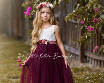Flower Girl Dress, tulle flower girl dress, rustic lace flower girl dress, boho flower girl dress, girls dress, hair wreath, boho wedding