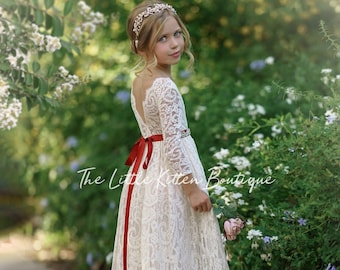 Abito da damigella d'onore boho, abito da damigella d'onore in pizzo a maniche lunghe, abito da damigella d'onore rustico, abito da damigella d'onore boho, abito da damigella d'onore in pizzo