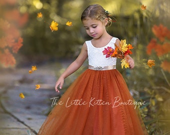 Vestido de niña de flores de color naranja quemado, vestido de niña de flores de óxido, vestido de niña de flores de encaje rústico, vestido de niña de flores boho, vestido de niño pequeño, vestido de niñas