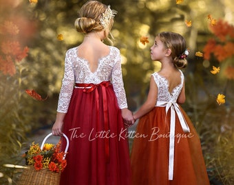 Verbrand oranje bloemenmeisje jurk met lange mouwen, Boho Tulle Lace Dress, Boho Wedding, rustieke bloemenmeisje, vintage stijl