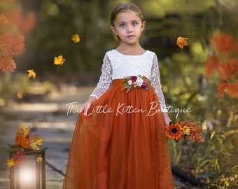 Langarm Gebrannte Orange Spitze und Tüll Boho Blumenmädchen Kleid, Kleinkind Hochzeit im Herbst Kleid, Floral Mädchen Kleid