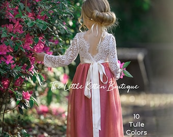 Long sleeve lace and tulle flower girl dress, white lace rustic wedding dress, burgundy girls Christmas dresses, winter flower girl dress