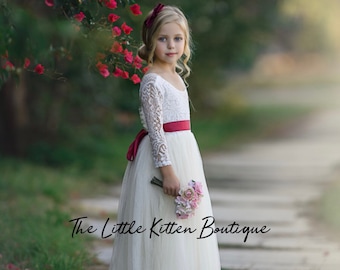 Vestido de tul para niña de las flores, manga larga, encaje, estilo bohemio color marfil.