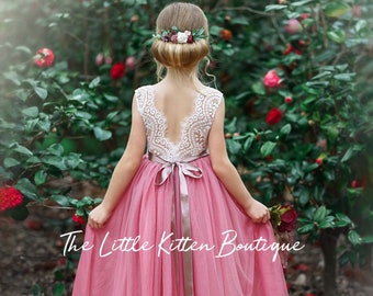 Tulle flower Girl dress, boho flower girl dress, Rustic lace flower girl dress, boho wedding dress, girls dress, tulle dress, toddler dress
