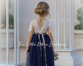 tulle flower girl dress, lace flower girl dress, flower girl dress, boho flower girl dress, rustic flower girl dress, Navy flower girl dress