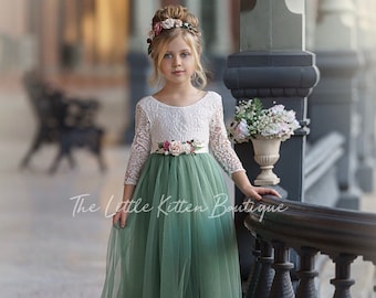 Sage flower girl dress, rustic lace flower girl dresses, long sleeve flower girl dresses, boho flower girl dress, ivory flower girl dress