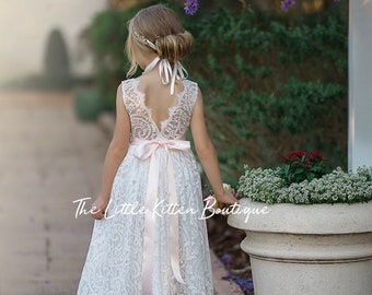 Bohemian flower girl dress, White lace flower girl dress, rustic flower girl dress, boho flower girl dress, Ivory Lace flower girl dresses