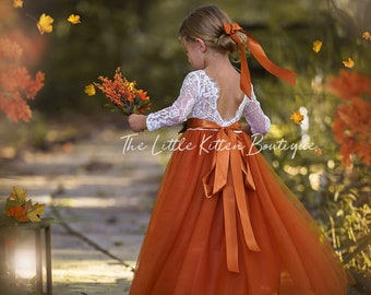 Vestido de niña de flores de tul naranja quemado, vestido de niña de flores de óxido, vestido de niña de flores de encaje rústico, vestido de niña de flores boho, vestido de niña de flores, óxido