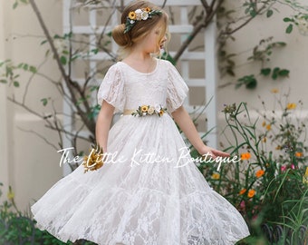 Vestido de niña de las flores estilo bohemio, vestido de niña de las flores de tul, vestido de niña de las flores de encaje rústico, vestido de niña de las flores color marfil, vestido de encaje