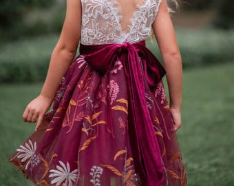 Burgundy Floral Lace Flower Girl Dress – Toddler, Girls, Junior Bridesmaid Wedding Dress with Custom Sash Option