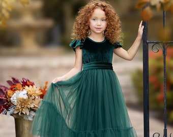 Jägergrün Samt Blumenmädchen Kleid, Rüschen Tüll Rock