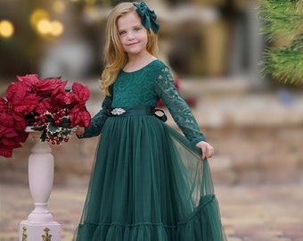 Hunter Green  Long Sleeve Lace & Tulle Flower Girl Dress, Kids Dress for Boho Wedding, Girls Fancy Christmas Dress, Childrens Birthday Dress