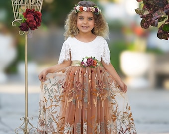 Burnt Orange tulle flower girl dress, Floral Flower Girl Dress, rustic lace flower girl dress, boho wedding dress, girls dress, fall dress