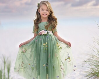 Sage Green Floral Flower girl dress, tulle flower girl dress, lace flower girl dress, rustic flower girl dress, boho flower girl dress