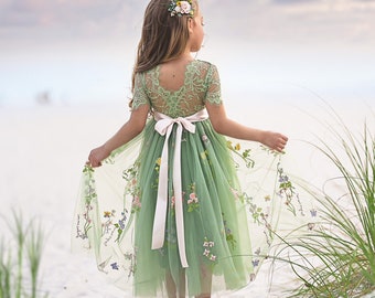 Sage Green Floral Embroidered Flower girl dress, Lace and Tulle flower girl dress, Boho wedding dress, Girls Summer Dress, Princess Dress