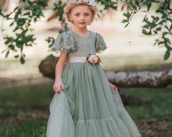 Sage Green tulle flower girl dress, Floral Flower Girl Dress, rustic lace flower girl dress, boho flower girl dress, flower girl dress