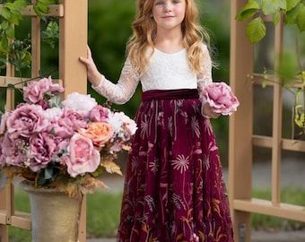 Burgundy tulle flower girl dress, Floral Wedding Dress, rustic lace flower girl dress, boho flower girl dress, junior bridesmaid dress