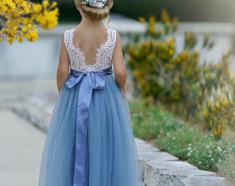 Ivory Lace Flower Girl Dress - Tulle Twirl Dress, Junior Bridesmaid Dress, Rustic Boho Wedding Dress, Dusty Blue Flower Girl Dress - Lydia