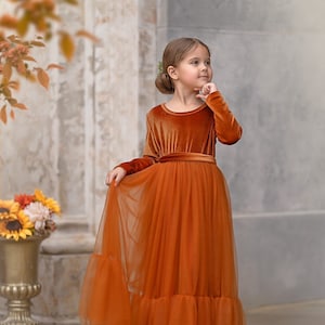Long Sleeve Burnt Orange Velvet and Tulle Flower Girl Dress, Boho flower girl dress, toddler flower girl dress, Velvet Girls Holiday Dress