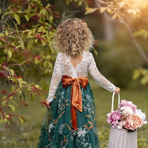 Hunter Green Floral Embroidered Lace Dress | Long Sleeve Flower Girl Dress | Girls Holiday Dress