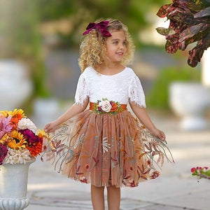 Burnt Orange tulle flower girl dress, Floral Flower Girl Dress, rustic lace flower girl dress, boho flower girl dress, flower girl dress