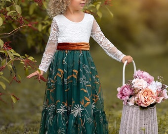 Jägergrün Blumenmädchen Kleid Langarm Floral Tüll Brautkleid