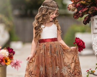 Blumenmädchenkleid aus gebranntem orangefarbenem Tüll und Spitze, Blumenmädchenkleid, rustikales Blumenmädchenkleid, Boho-Blumenmädchenkleid, Blumenmädchenkleid