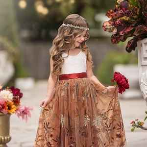 Burnt Orange tulle  & lace flower girl dress, Floral Flower Girl Dress, rustic flower girl dress, boho flower girl dress, flower girl dress