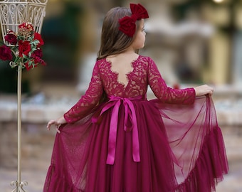 Girls Long Sleeve Lace and Tulle Flower Girl Dress, Wine Red Christmas Dress for Girls, Winter Wedding Dress, Boho Flower Girls Dresses