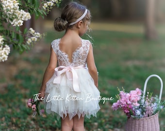 Robe de fille de fleur de tulle, robe de fille de fleur d'ivoire, robe de fille de fleur de dentelle blanche, robe de fille de fleur de blush, robes de fille de fleur de boho, anniversaire