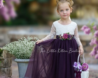 Flower girl dress, tulle Flower Girl Dress, purple flower girl dress. rustic lace flower girl dress, boho flower girl dress, wedding dress