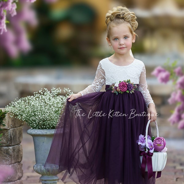 Flower girl dress, tulle Flower Girl Dress, purple flower girl dress. rustic lace flower girl dress, boho flower girl dress, wedding dress
